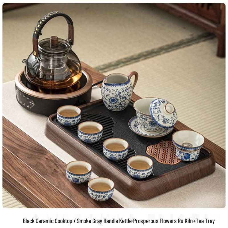 Chaxun Ru Kiln Floral Ceramic Tea Set with Electric Stove and Glass Kettle