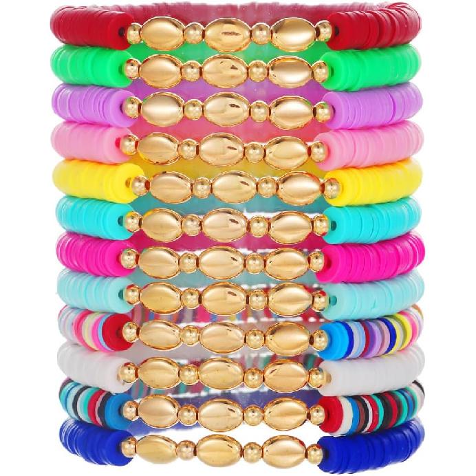 12pcs Friendship Bracelets Beaded Bracelets Heishi Bracelet Cute Bracelets Stack Vinyl Clay Disc Bead Surfer Stretch Summer Beach Bracelets For Women