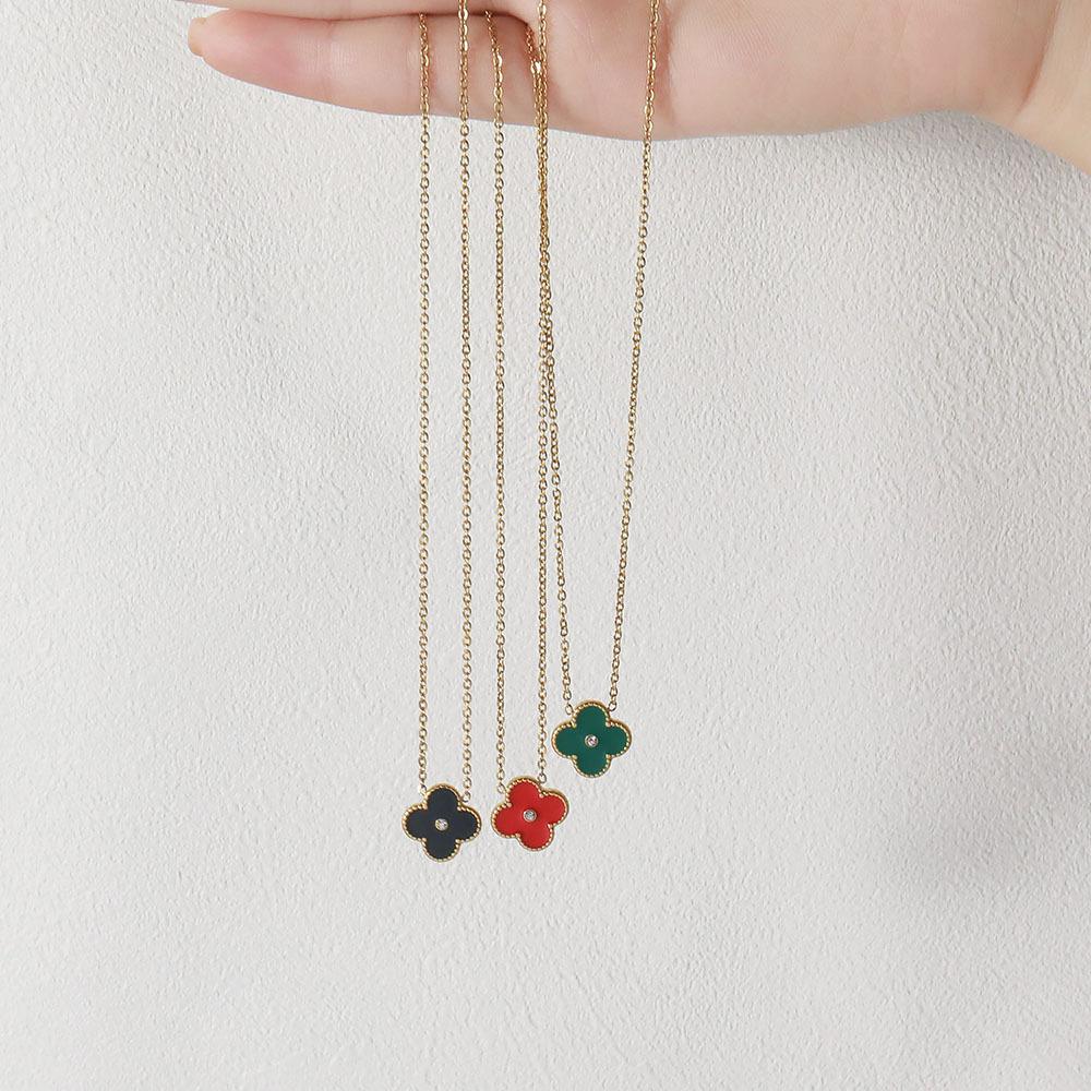 GEMCHIC Women's Four-Leaf Clover Enamel Stainless Steel Necklace with Gold Plating and Rhinestone Pendant