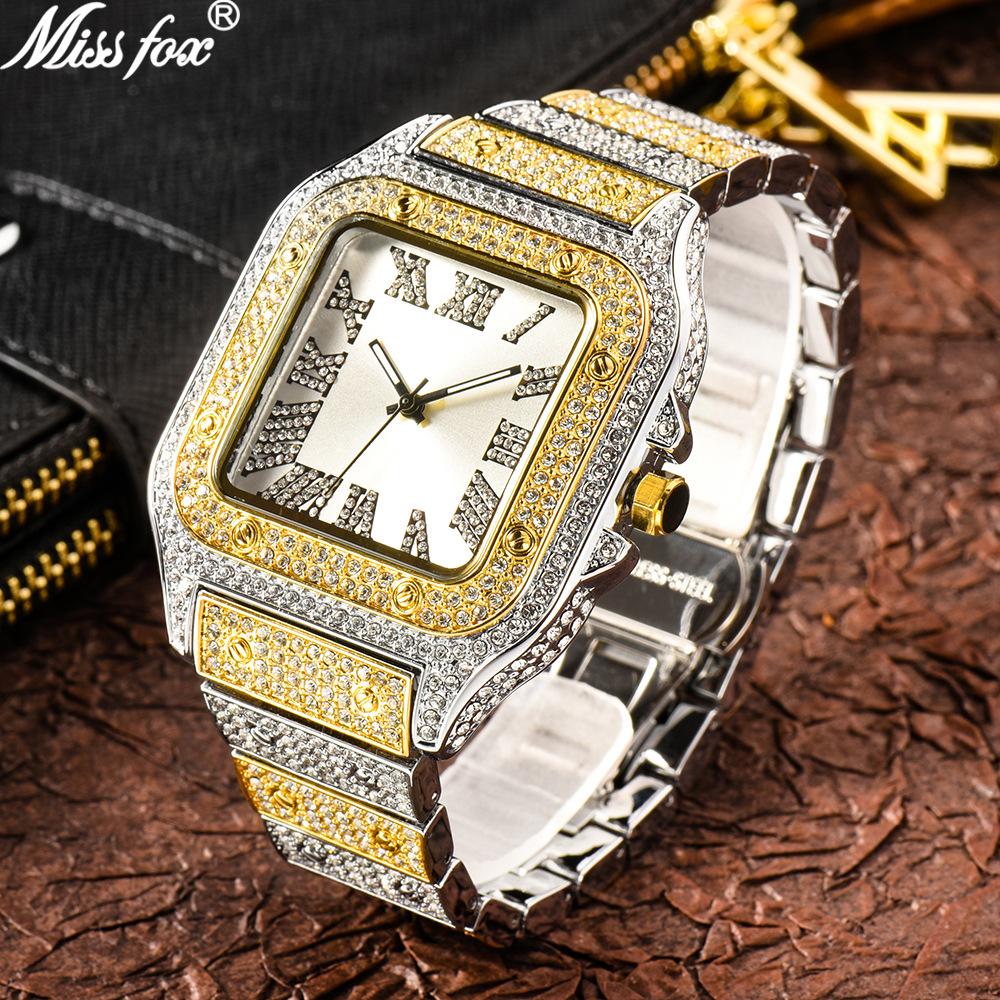 MISSFOX Luxury Diamond Watches for Men Hip Hop Style Bling Bling Iced Out Wristwatch Fashion Square Stainless Steel Waterproof Clock