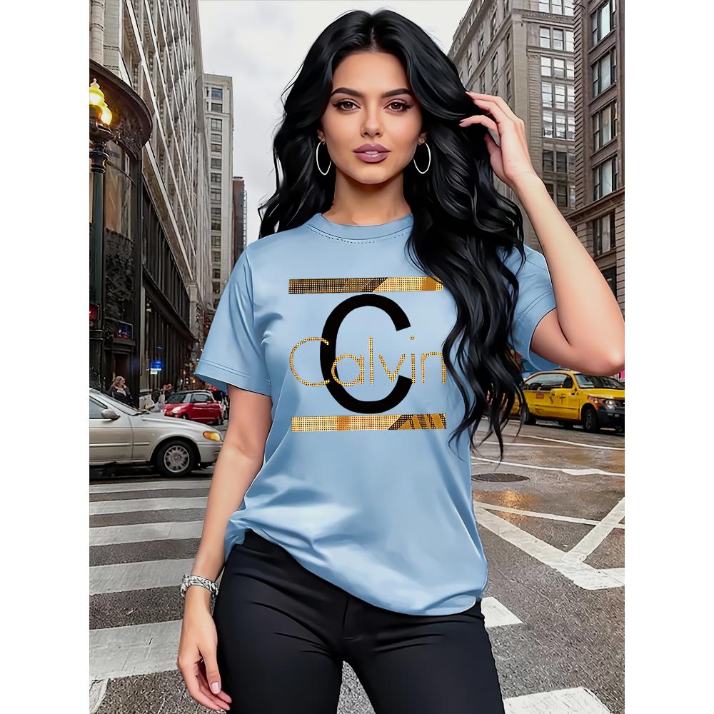 Calvin Brevtryck Dam T-shirt - Guld Grafik Grön Casual Topp