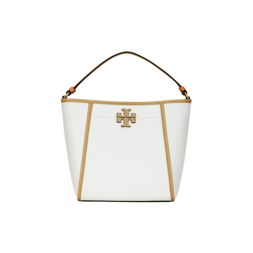 Tory Burch Mcgraw Solid Color Stitching Hardware Buckle Magnetic Buckle Double T Logo Leather Bucket Handbag Small Women Handbags White 148635-100