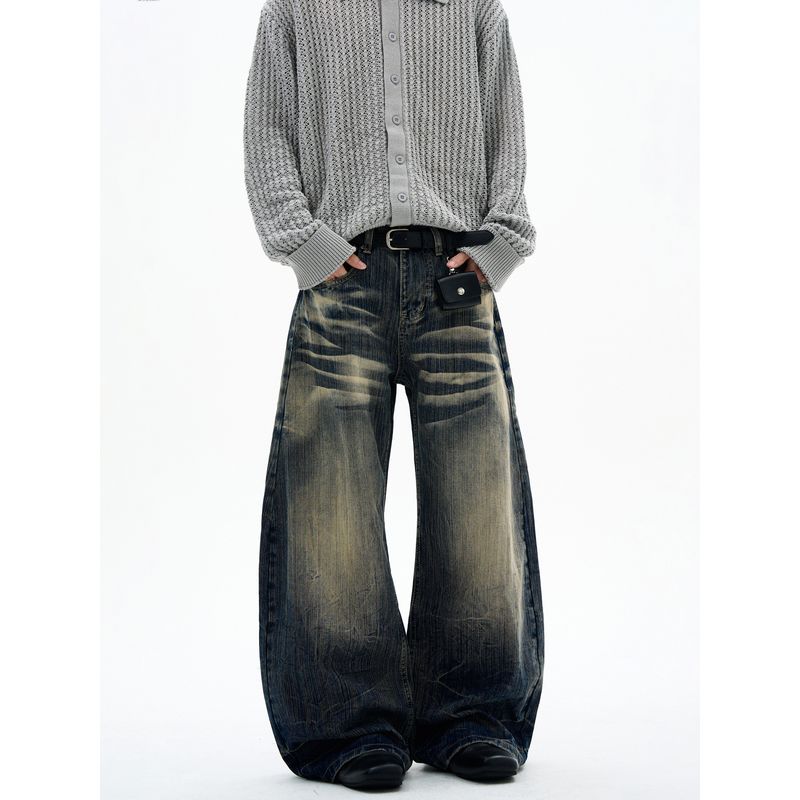 Kisko American-Style Washed Vintage Whiskered Bamboo Texture Jeans for Men and Women, New Trendy Brand Loose Straight-Leg Scimitar Pants