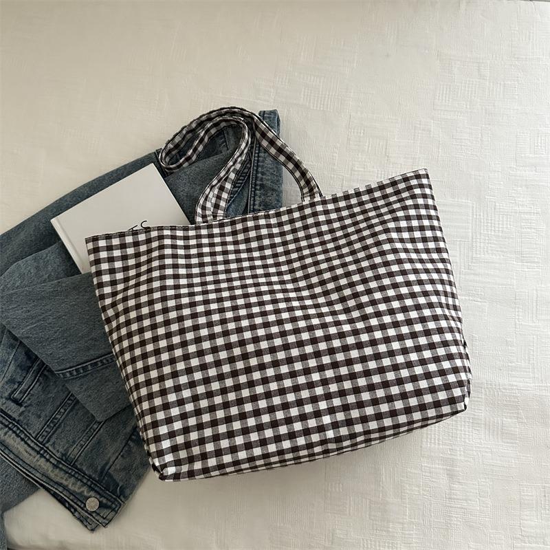 Canvas Bag Women's Summer New Casual Versatile Student Class Plaid Shoulder Bag Vacation Tote Bag
