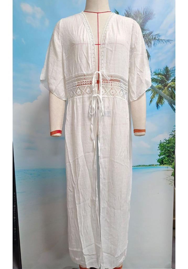 Cross-border Beach Cover-up: Lace Waist Cinching Cardigan with Large Skirt Hem and Sun Protection.