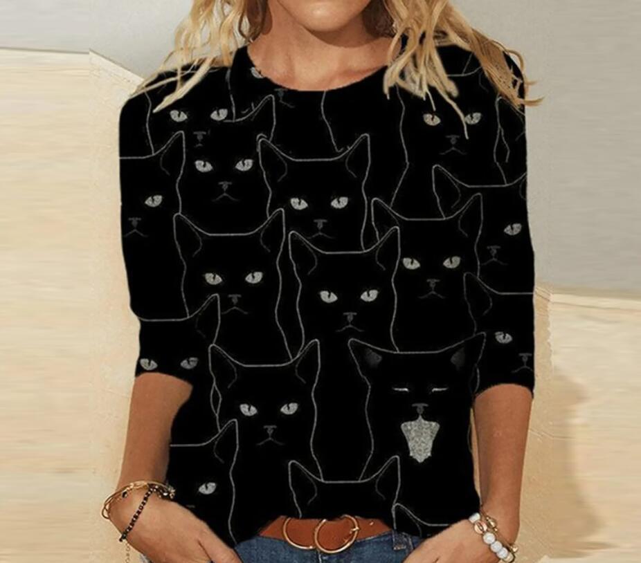 Women's Knitted Long Sleeve Animal Print Round Neck T-Shirt, European and American Style, 2023.