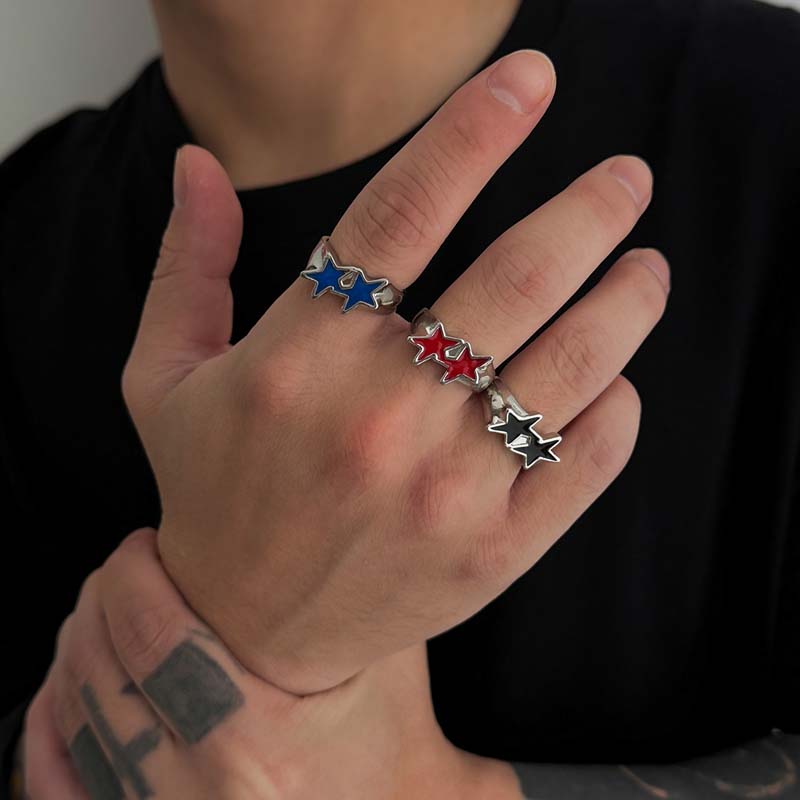 Vintage Black Drip Oil Pentagram Star Open Rings for Women Men Hip Hop Rock Metal Star Adjustable Couple Rings Zircon