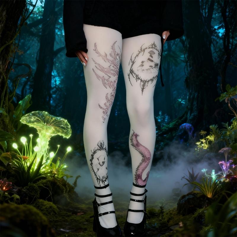 Whimsy Cute Printed Opaque Tights Stockings for Women Japanese Elegant Gothic Grunge Patterned White Pantyhose Leggings