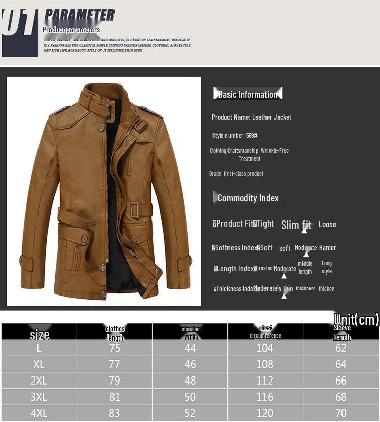 Men's Winter Fleece-Lined Leather Jacket, Mid-Length, Thickened, Casual, Middle-Aged, Warm Cotton Coat