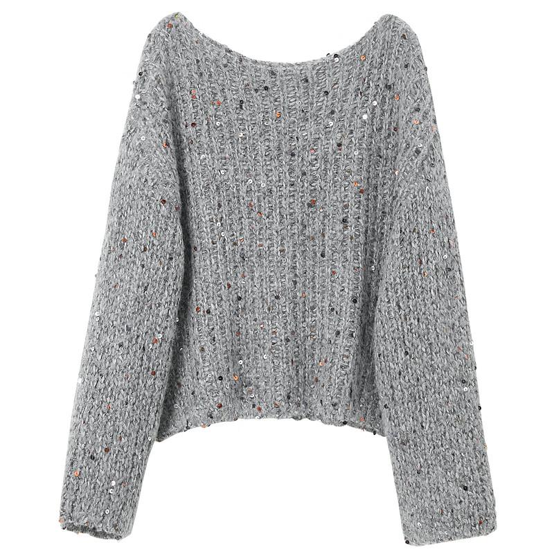 Sancai 2024 Winter Sequin Knit Off-Shoulder Cropped Pullover