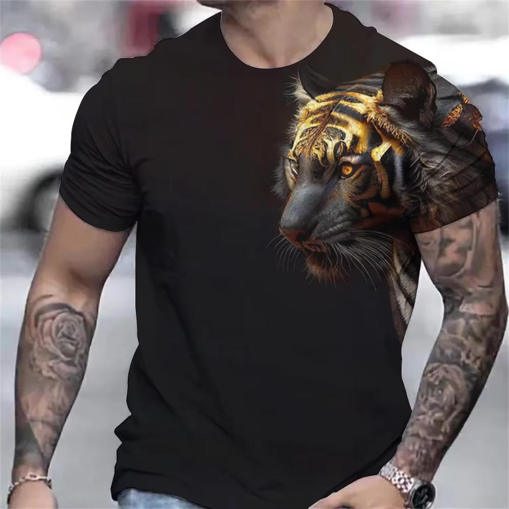 Verano Cuello Redondo 3D Animal Leopardo Tigre Patrón Estampado Top Camisetas de Hombre Casuales de Moda de Manga Corta