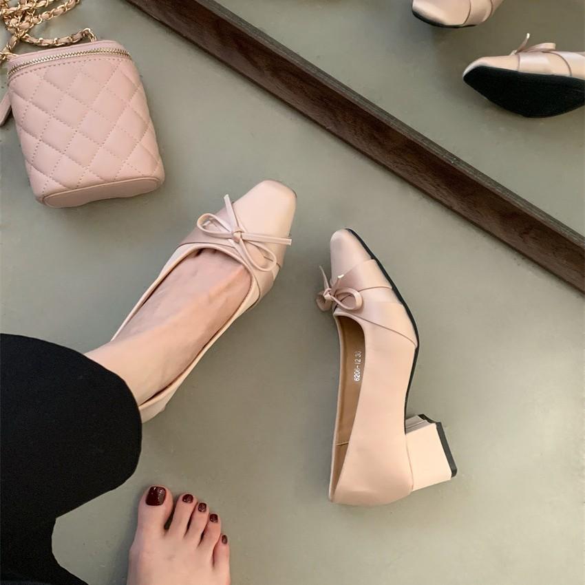 Temperament pointed head satin thick heel Mary Jane shoes women's French bow light mouth with skirt evening single shoes high heels