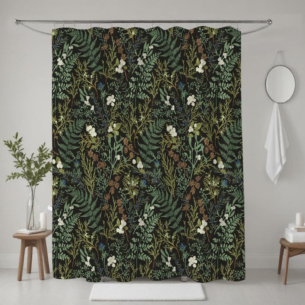 Vintage Black And Green Floral Shower Curtain Dark Bontanical Moss Bathroom Curtains Mid Century Bathroom Decor Waterproof