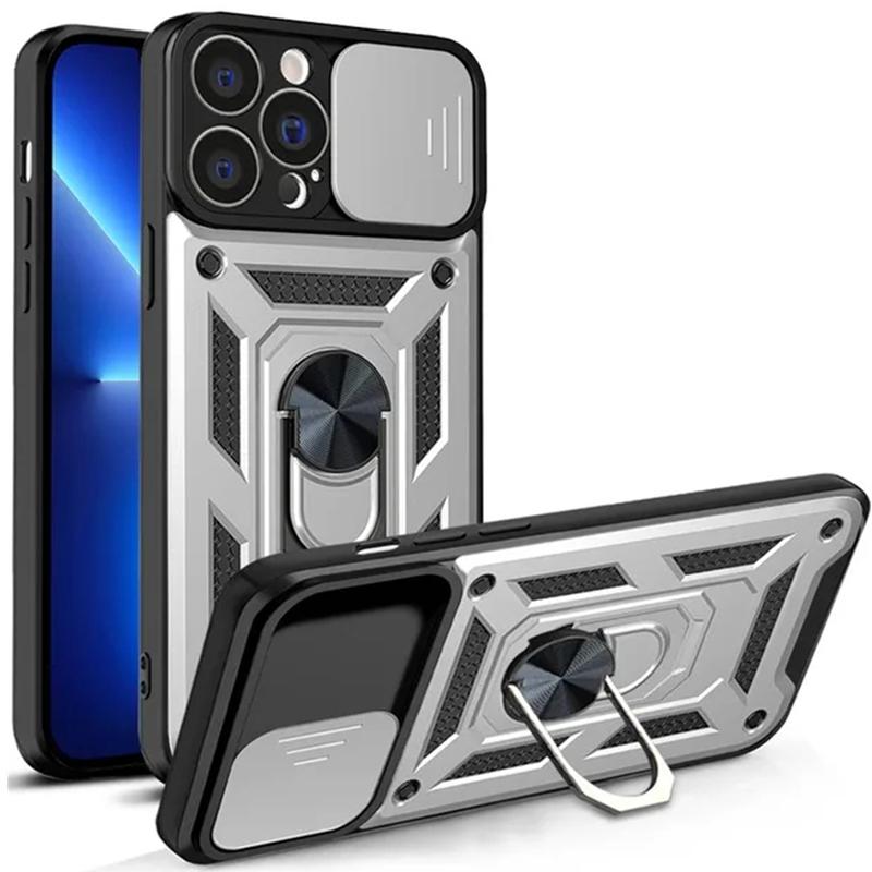 Slide Kamera Objektiv Rüstung Ring Telefon Fall Für iPhone 15 14 13 12 11 Pro Max X XR XS Max 7 8 14 15 Plus Stoßfest Harte PC Ständer Halter Abdeckung