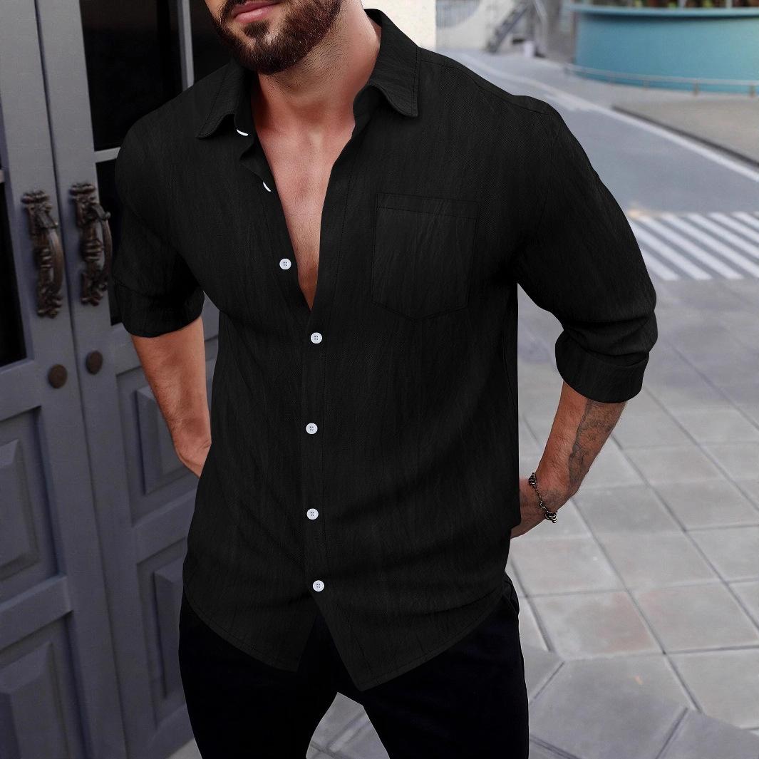 Mens Long Sleeve Linen Casual Shirt With Pocket S чёрный
