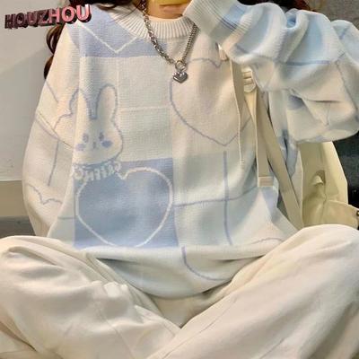Japanischen Vintage Cartoon Stricken Pullover Harajuku Frauen Herbst Neue O Hals Langarm Pullover Adrette Oversize Jumper