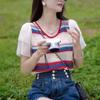 Summer New Striped Pullover Color Fashionable Design Sense Versatile Splicing Knitted Top Women's Chiffon Sleeves Round Neck Small Shirt Trendy