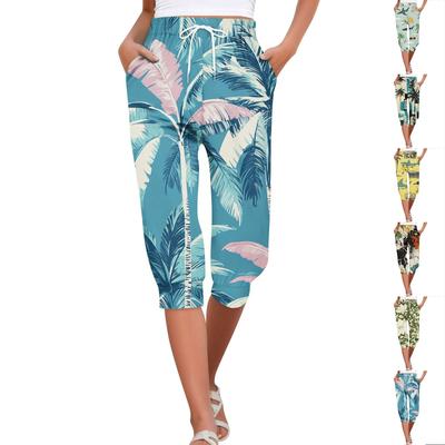 Damen Sommerhose mit Hawaii-Print, lässig, locker und verkürzt, mit Taschen