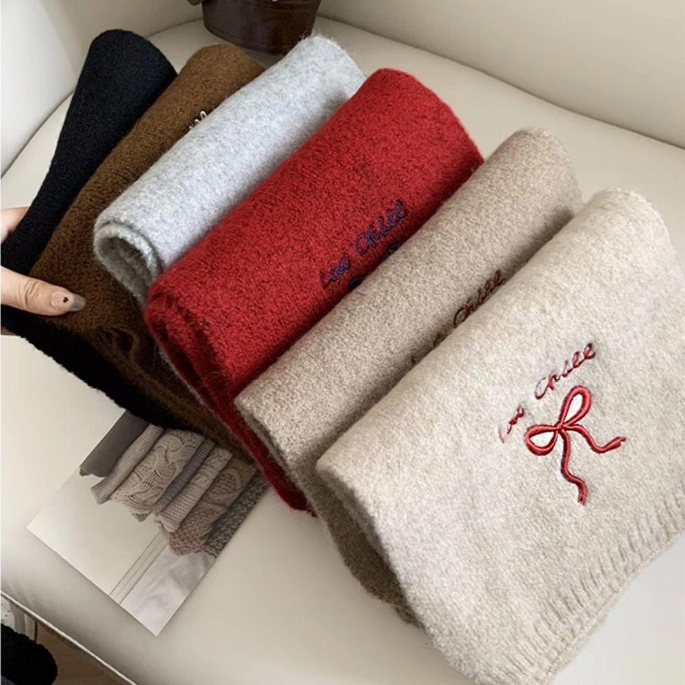 

Bowknot Knitted Scarves Letter Wool Shawl Retro Embroidery Bow Scarf Student красный