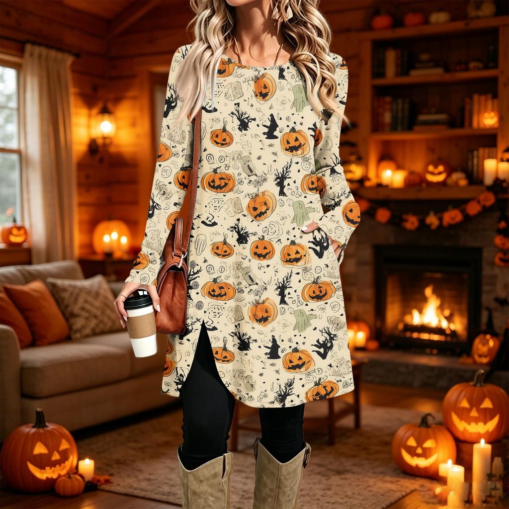Women's Fashion Printed Round Neck Long Sleeve Dress for Casual Daily Wear
