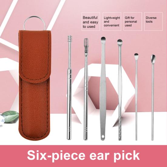 6Pcs/Set Ear Wax Remover One-piece Molding 360-degree Rotated Stainless Steel Double-head Ear Pick