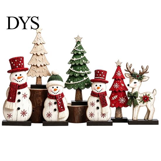 Holiday Wood Ornaments 7Pcs Christmas Snowman Tree Reindeer Figurines, 2D Wooden Tiered Tray Easy Storage Crafts Decor, Rustic Farmhouse Tabletop