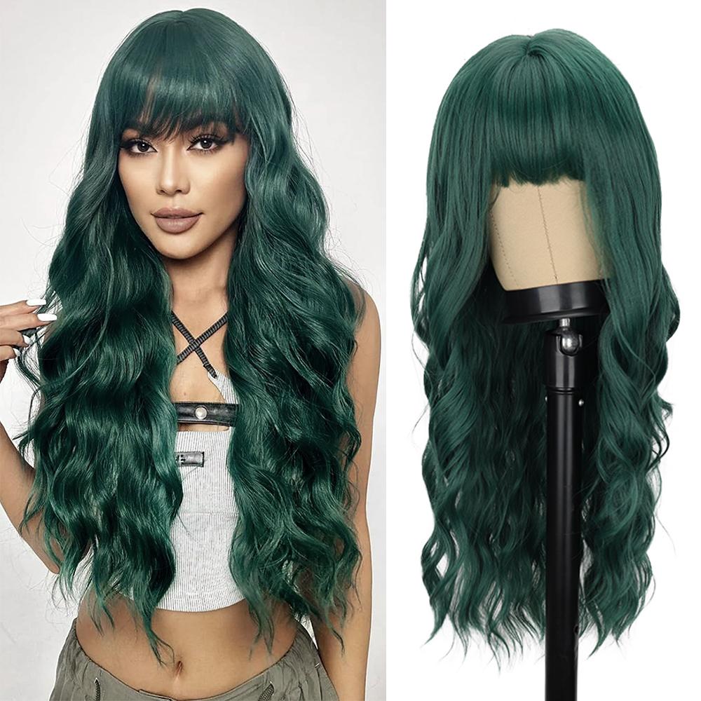 Long Auburn Wigs with Bangs Long Wavy Wigs for Women 26 Inch Copper Red Middle Part Copper Wavy Wig Natural Looking Synthetic Auburn Long Wig