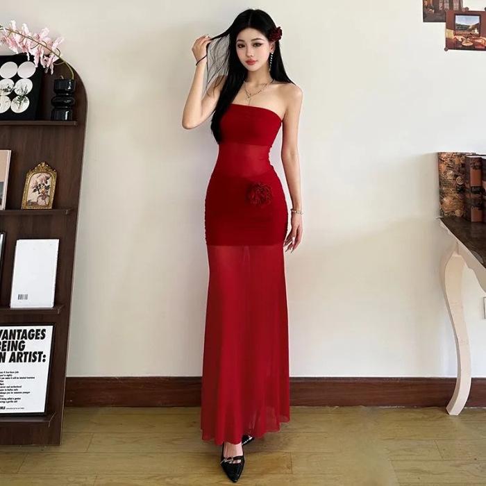 Feminine One-Shoulder Mesh Strapless Summer Dress Extra Large