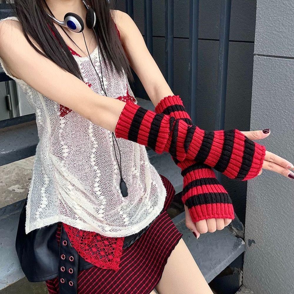 Long Long Fingerless Gloves Y2K Fingerless Arm Warmers Striped Knitted Arm Sleeves  Party