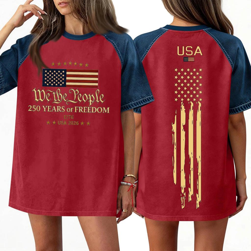 Women's Denim Patchwork Top, Casual Short-sleeved Comfortable T-shirt, Fashionable For Spring And Summer.