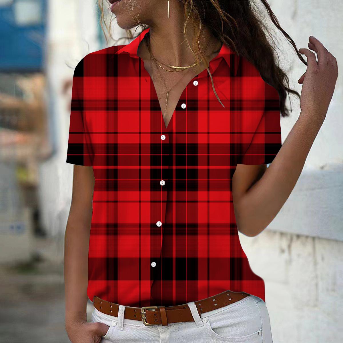 

2025 Літо Нова Мода Жіноча Сорочка Топ з Друкованим Клітчастим Візерунком, з Коротким Рукавом, V-подібним Вирізом, Повсякденна, на Ґудзиках S червоний