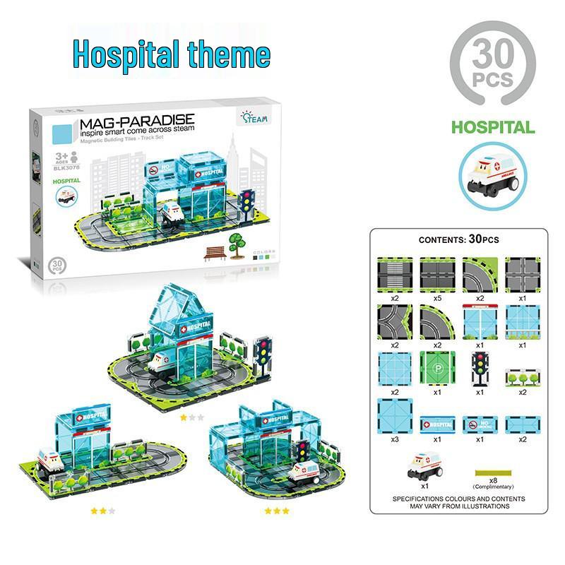 Magnetic Building Blocks & Electric Track Car City Set: Stained Glass Educational Toy for Kids
