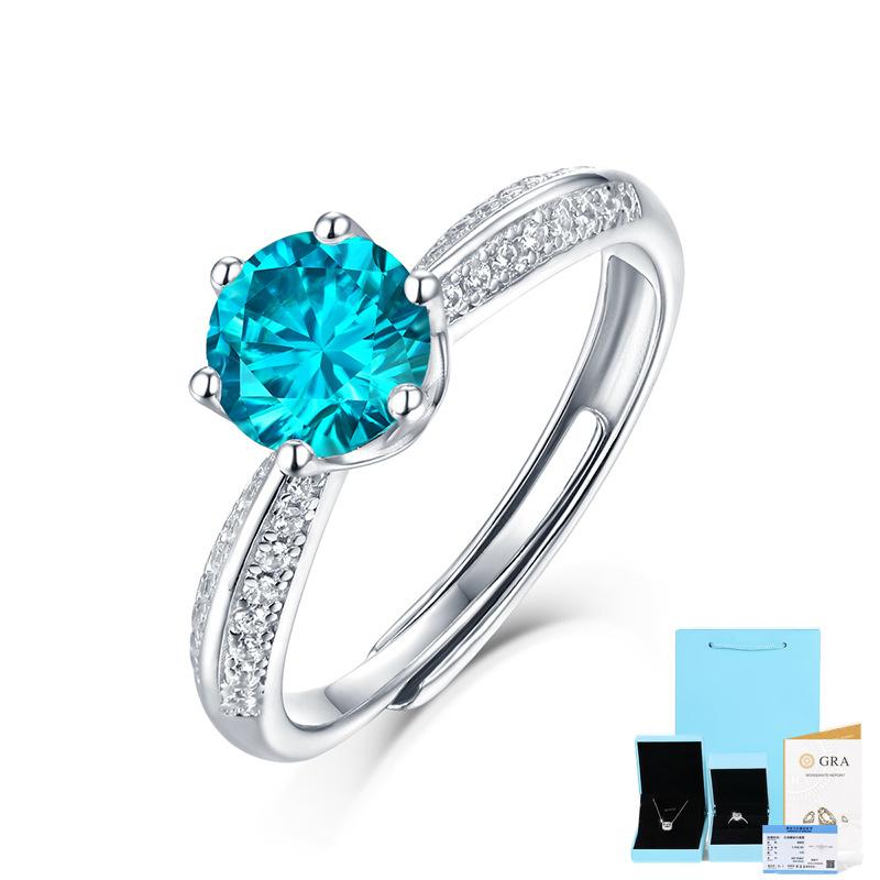 

Bague Ringen S925 Серебряный комплект, роскошная круглая сумка с муассанитом 1 карат, цветная женская розовая регулируемая открывающаяся кольцо с шестью зубцами Includes Gift Box Certificate（Half Wall Ring） синий