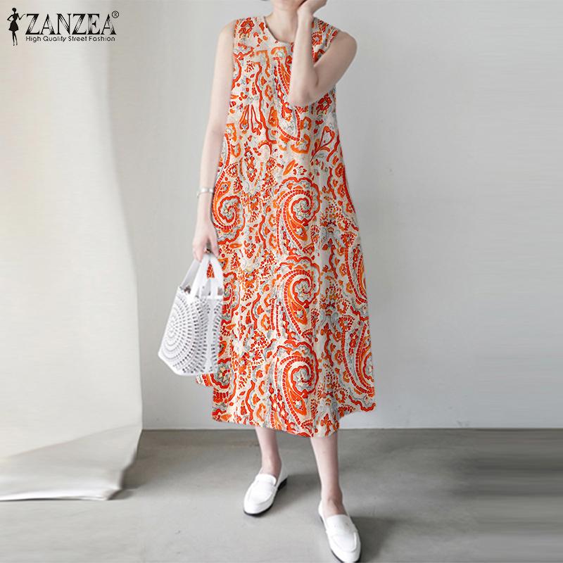 

ZANZEA Женское повседневное летнее платье без рукавов с круглым вырезом и принтом