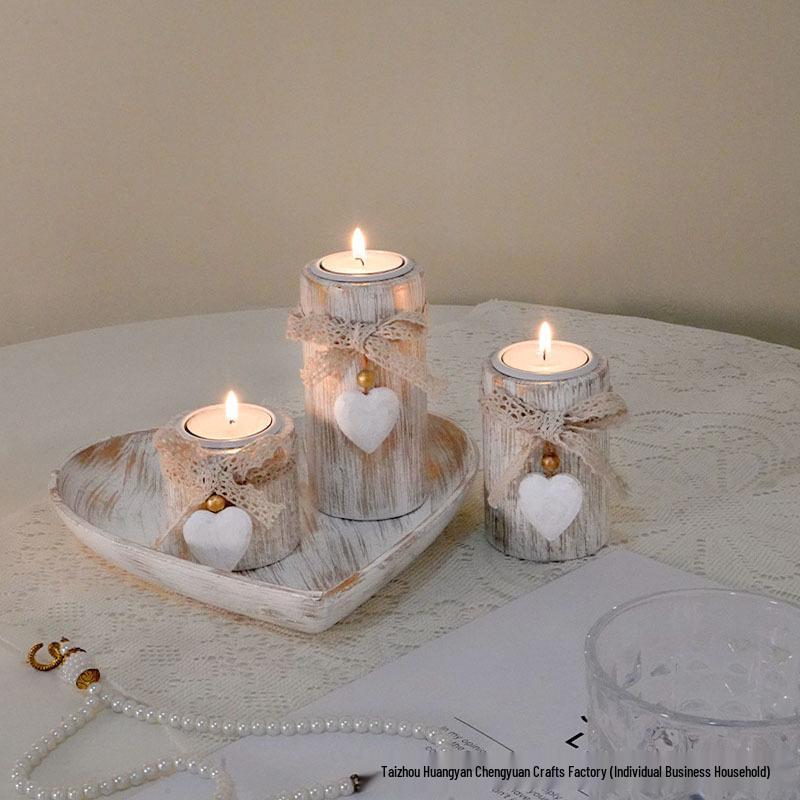 Heart-Shaped Wooden Candle Holder Tray Valentine's Day Home Decor Set
