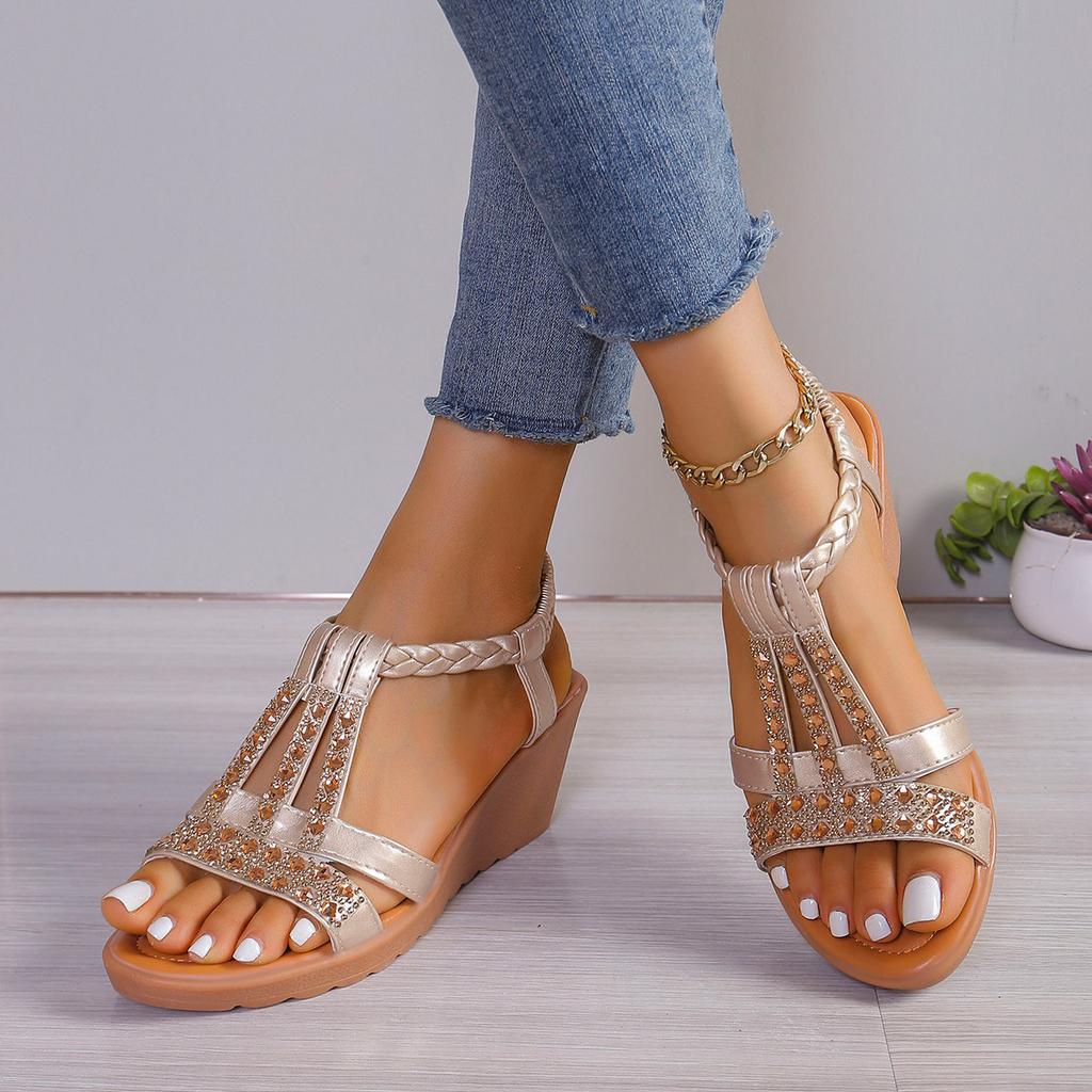 Wedge Heel Fish Mouth Sandals Women's 2024 Summer New Bohemian Fashion Rhinestone Large Size Elastic Foot Sandals Women