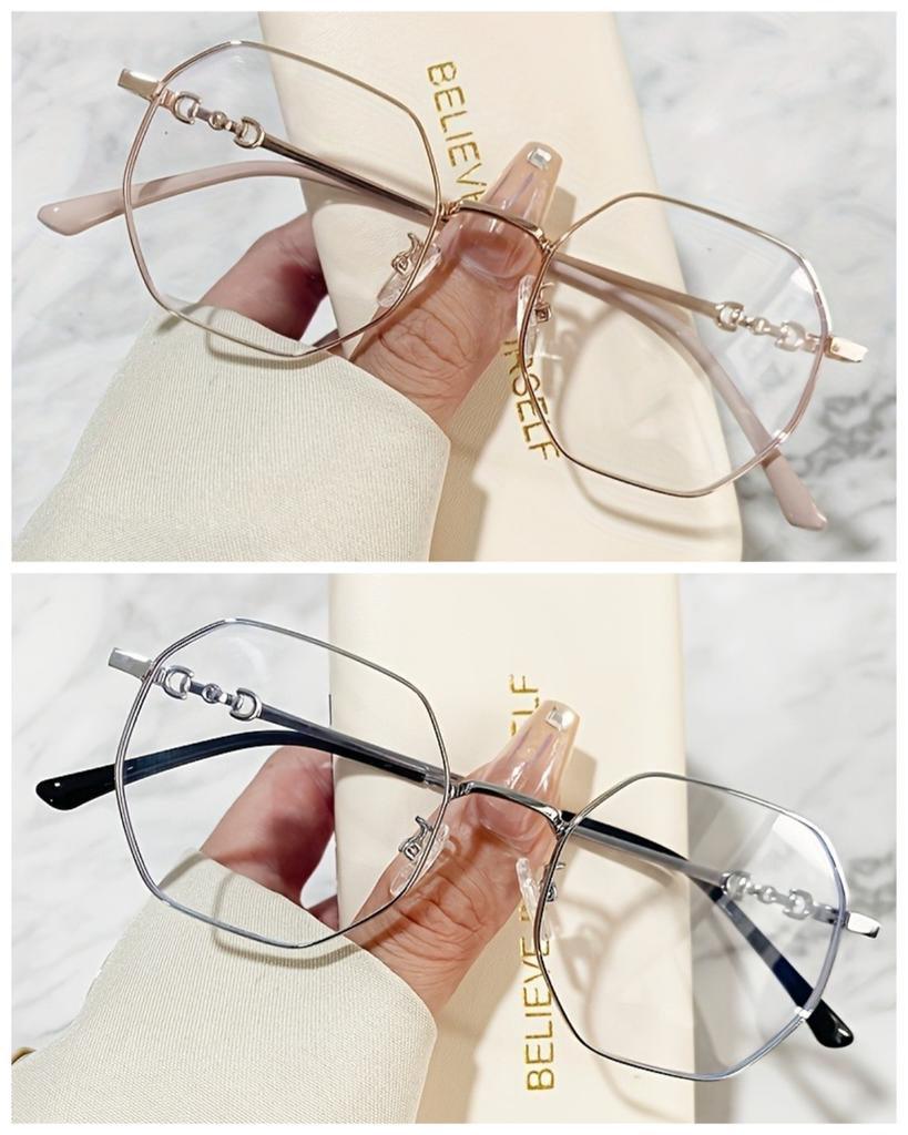 2pcs Neutral polygon frame transparent lens large metal frame retro fashion diamond shaped glasses