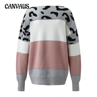 Autumn and Winter Women's Sweater Hundred Leopard Print Pullover Colorblocking One Lapel Sweater Bottom Knit Sweater