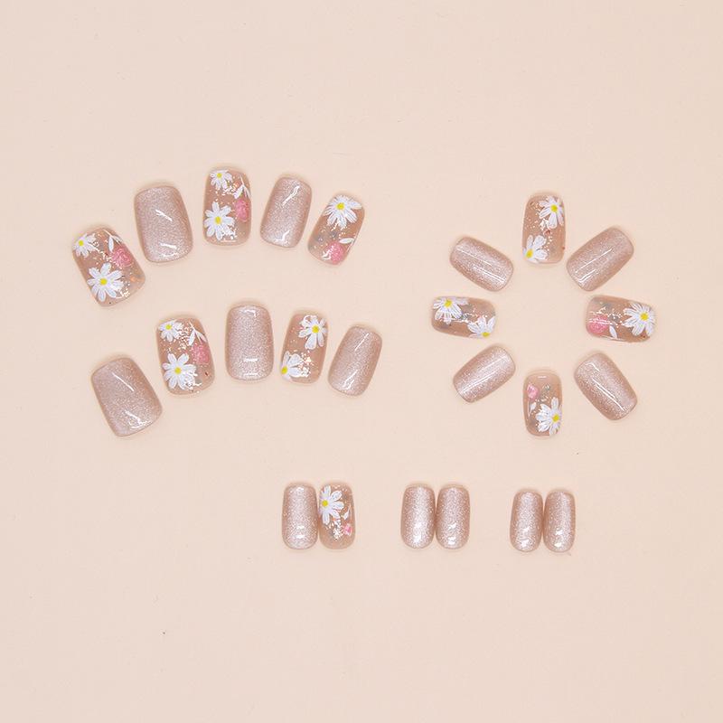 Unghii artificiale în stil de primăvară, ochi de pisică, purtabil, pentru artă de unghii, lac de unghii, flori proaspete, scurte, balet, scurte, 24 buc.