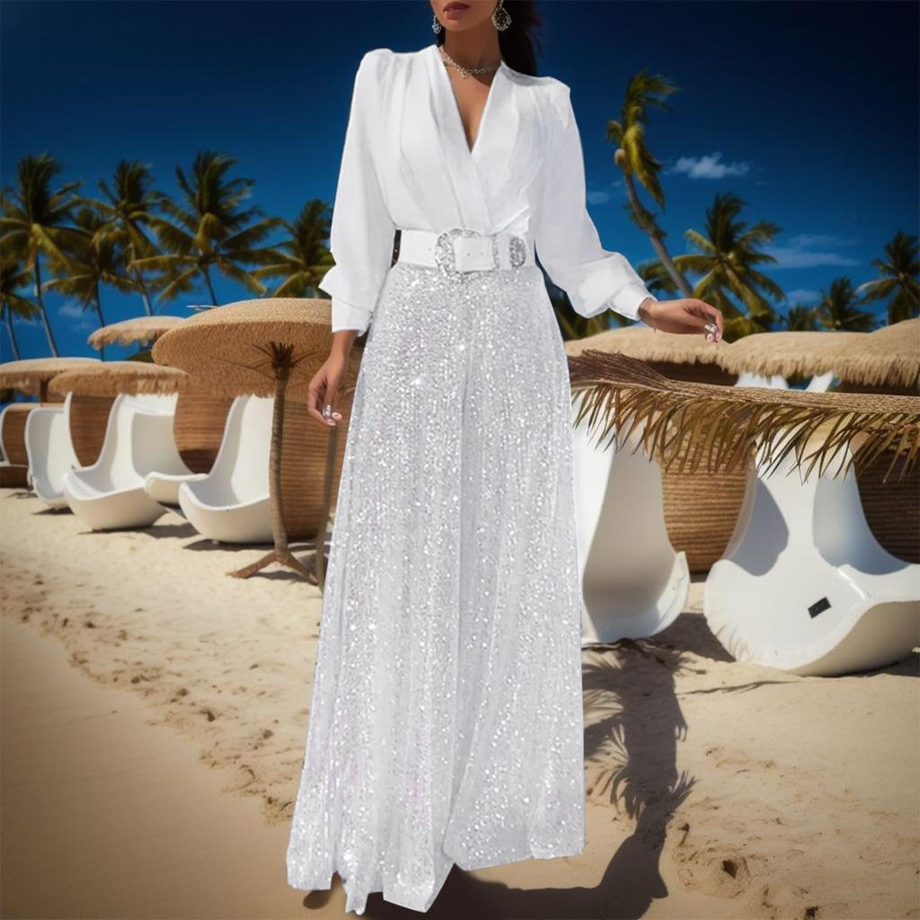 Blouse Fashion pour Femme à Col en V et Manches Longues Élégante et Gracieuse Taille Cintrée pour une Silhouette Flatteuse Combinaison à Jambes Larges Ornée de Sequins