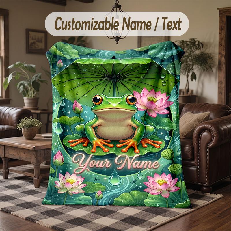 Frog Lotus Fantasy Theme Throw Blanket Custom Name Text Personalized Blanket Soft Cozy Blanket for Home Sofa Bed