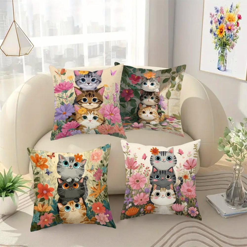 Cat-patterned Flower Arrangement Printing Pillow Cover Short Plush Suitable Living Rooms Bedrooms Sofas Throw Cushion Cover