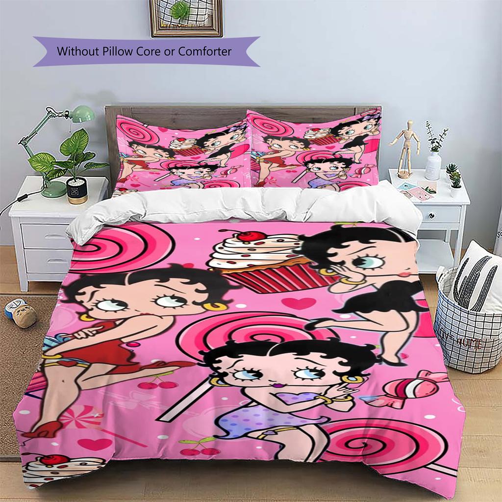 Betty Boop Pattern Bedding Set Quilt Cover Pillowcase Home Decor Gift (1 * Duvet Cover + 2 * Pillowcase, Without Core)