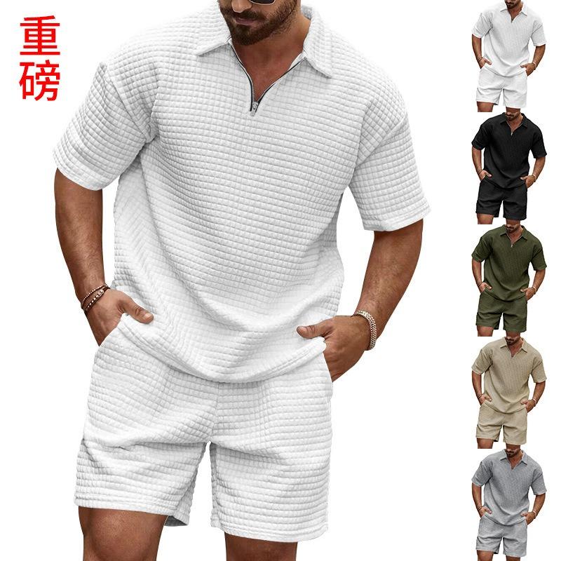 Summer new men's casual trend fashion waffle solid color lapel shirt sports suit