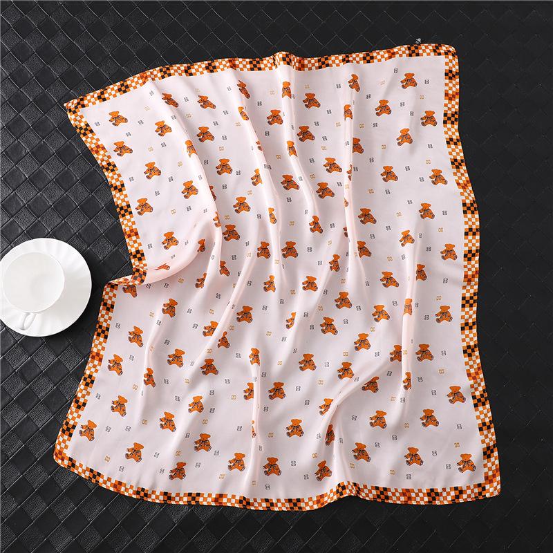Small scarf scarf, cute scarf, printed literary square scarf, silk scarf, new simple simulation silk woman scarf, bear Korean version