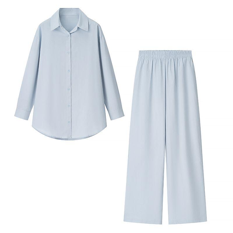 Light-Sensitive Oxygen Wear French Lazy Style Loose and Simple Pure Color Cotton and Linen Shirt + Straight-leg Loose Pants Two-piece Set