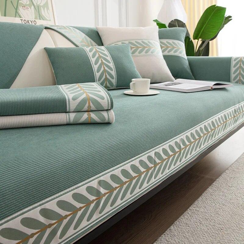 Luxury Leaves Embroidery Sofa Covers Chenille Universal Non-slip Leather Sofa Cushion Furniture Protector Living Room Slipcovers