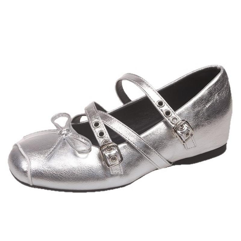 Silver Single Shoes Women's Retro Mary Jane Shoes New Casual Bow Flat Ballet Shoes Women