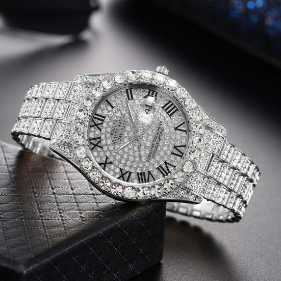 Ladies Quartz Watch Round Dial Alloy Rhinestone Decor Roman Umber Calendar No Delay Time-checking High Accuracy Business Commute Wristwatch