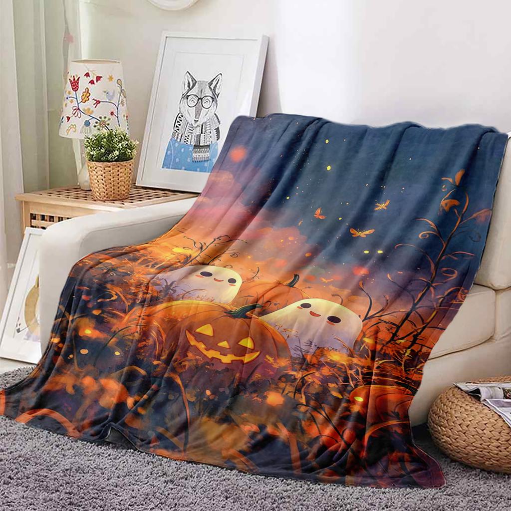 Festive Halloween Pumpkin and Ghost Print Flannel Blanket Perfect Gift for Sofa Office Bed Plane Travel Sleep Read Relax Camping
